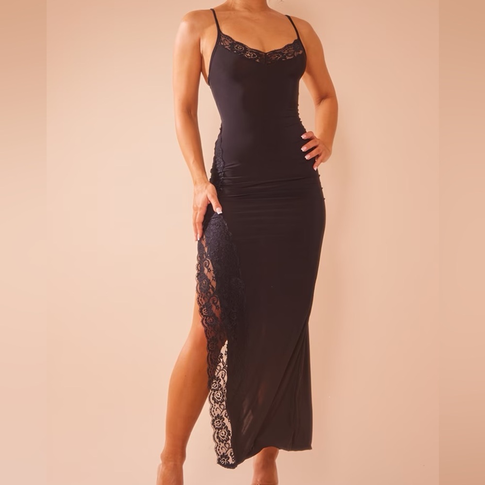 PrettyLittleThing Black Slinky Lace Trim Split Detail Maxi Dress